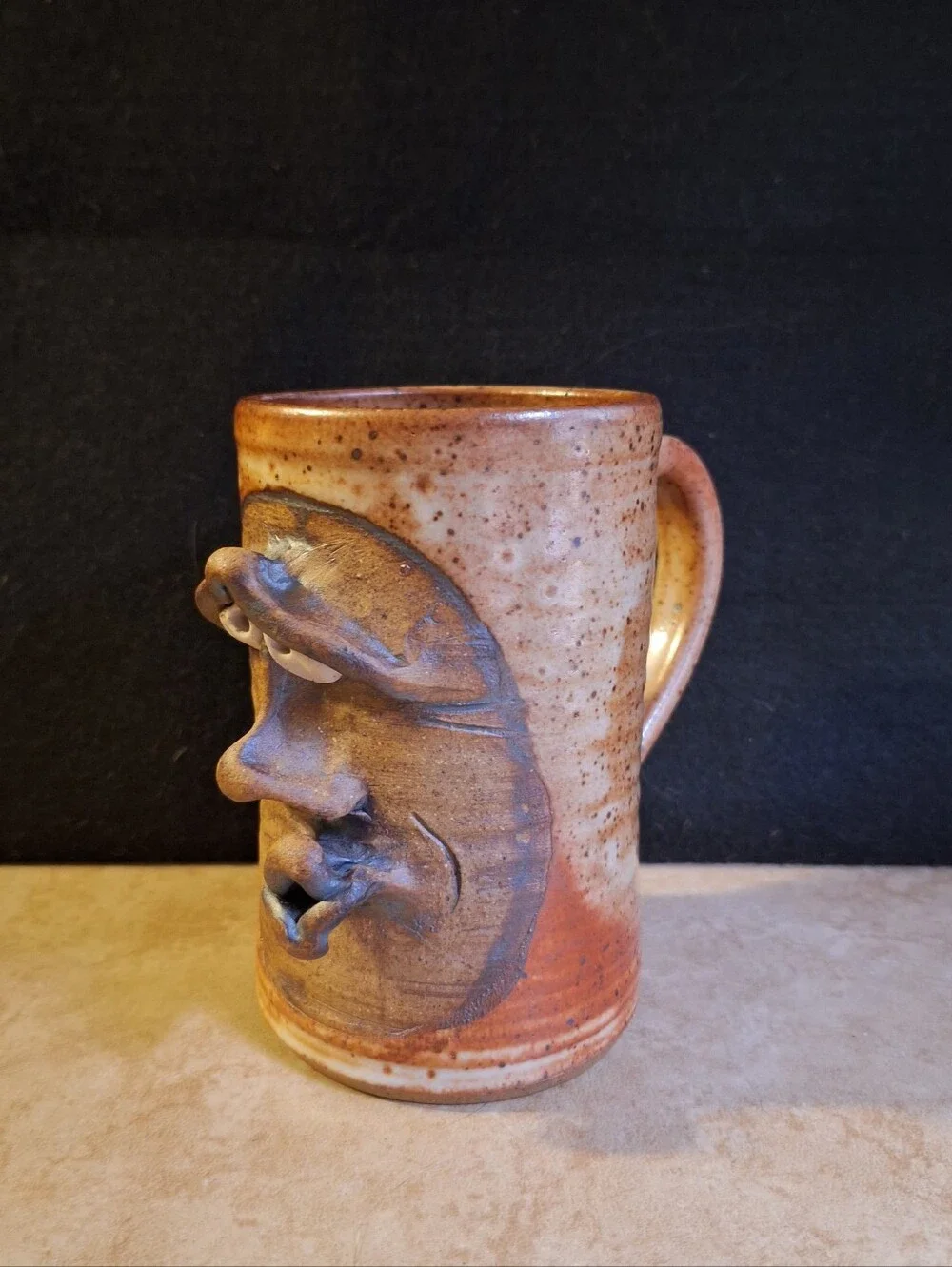 Signed Vintage Goofy Face Mug Handmade Pottery Stoneware Brown Glaze Ceramic